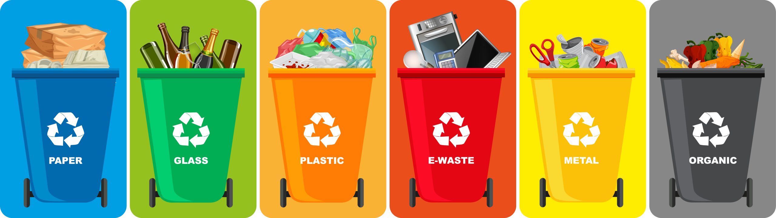 Colorful recycle bins with recycle symbol isolated on color background illustration
